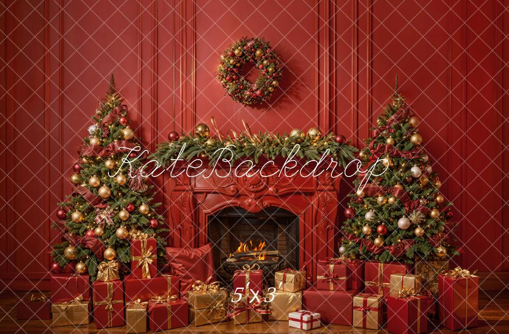 Kate Winter Christmas Crimson Retro Fireplace Backdrop Designed by Emetselch