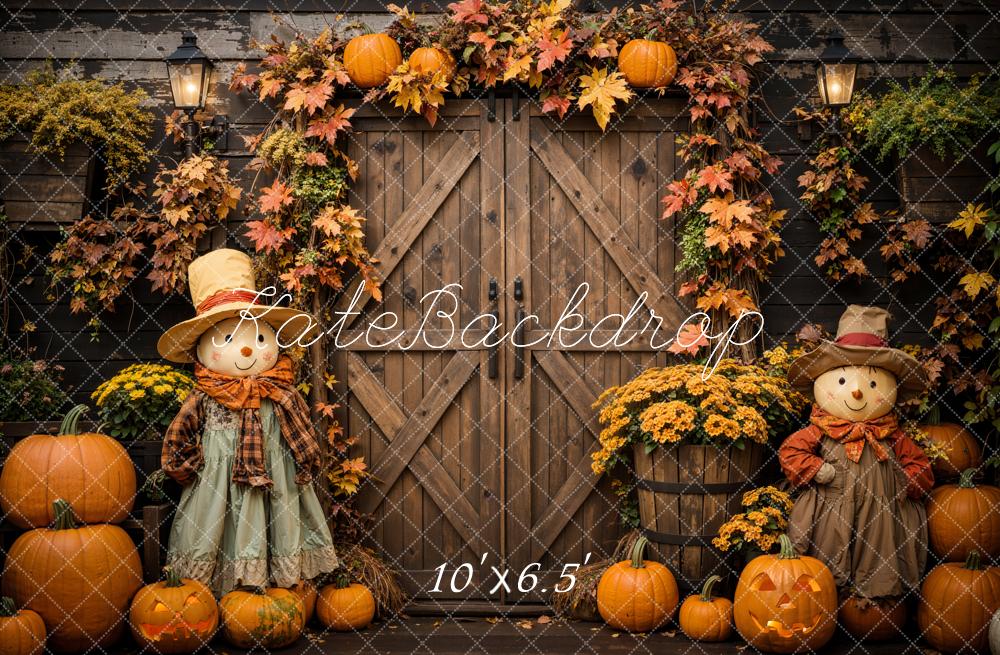 TEST Kate Halloween Pumpkin Scarecrow Brown Barn Door Backdrop Designed by Emetselch