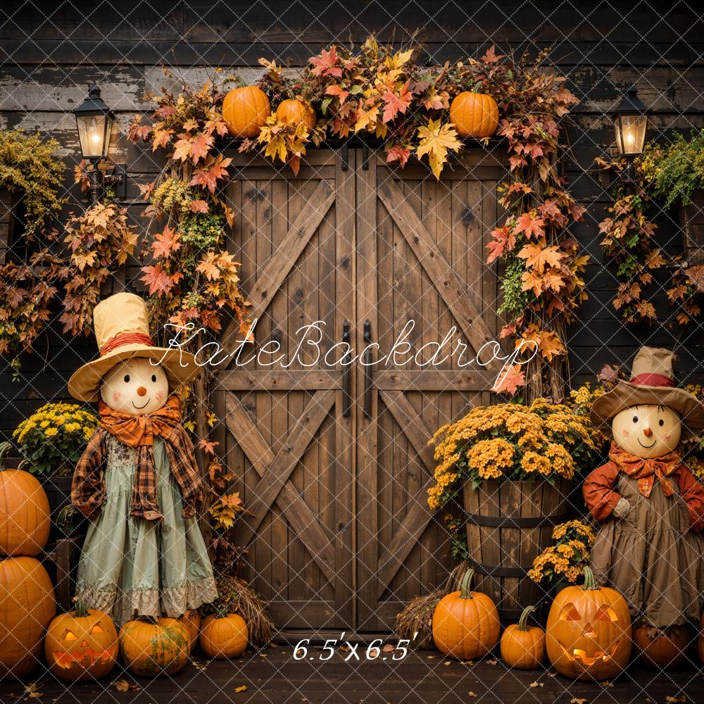 Kate Halloween Pumpkin Scarecrow Brown Barn Door Backdrop Designed by Emetselch