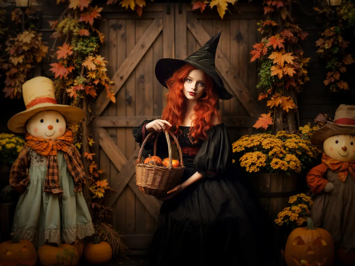 Kate Halloween Pumpkin Scarecrow Brown Barn Door Backdrop Designed by Emetselch