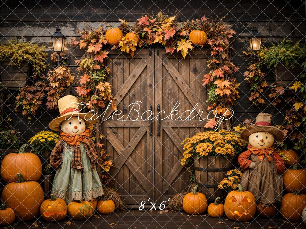 TEST Kate Halloween Pumpkin Scarecrow Brown Barn Door Backdrop Designed by Emetselch