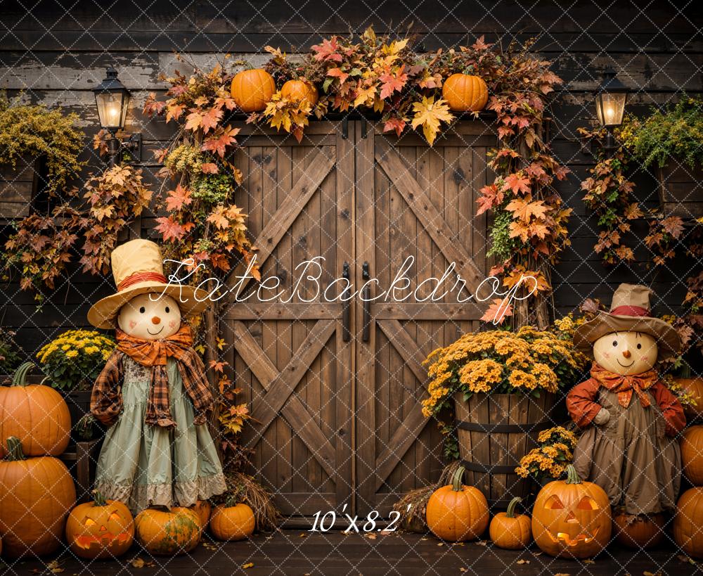Kate Halloween Pumpkin Scarecrow Brown Barn Door Backdrop Designed by Emetselch