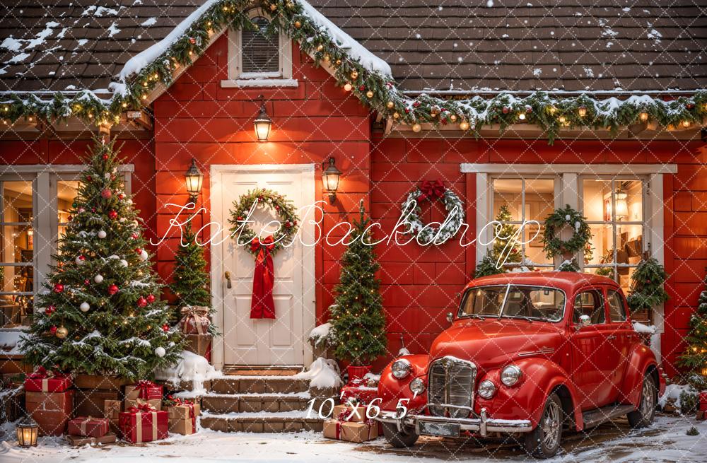 Sfondo della Casa Rossa e dell'Auto di Natale all'aperto Designato da Emetselch