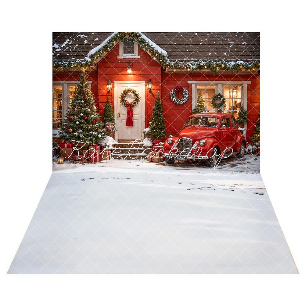 Kerst Buiten Rood Huis en Auto Achtergrond + Winter Wit Sneeuw Vloer Achtergrond