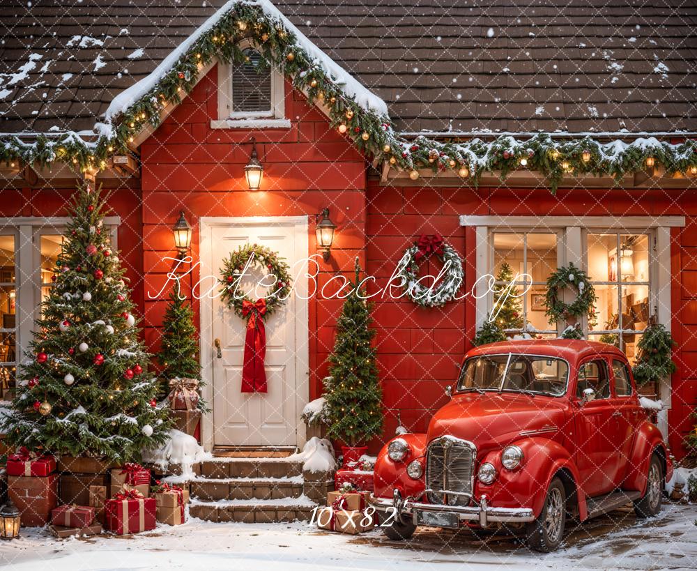 Sfondo della Casa Rossa e dell'Auto di Natale all'aperto Designato da Emetselch