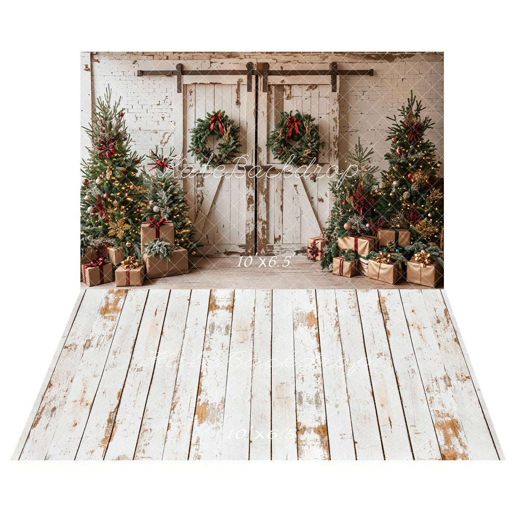 Kate Christmas White Shabby Barn Door Backdrop+Rustic White Wood Floor Backdrop