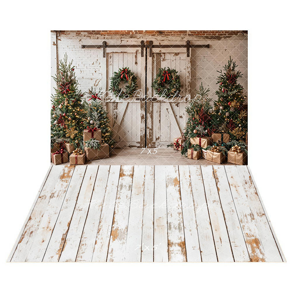 Kate Christmas White Shabby Barn Door Backdrop+Rustic White Wood Floor Backdrop