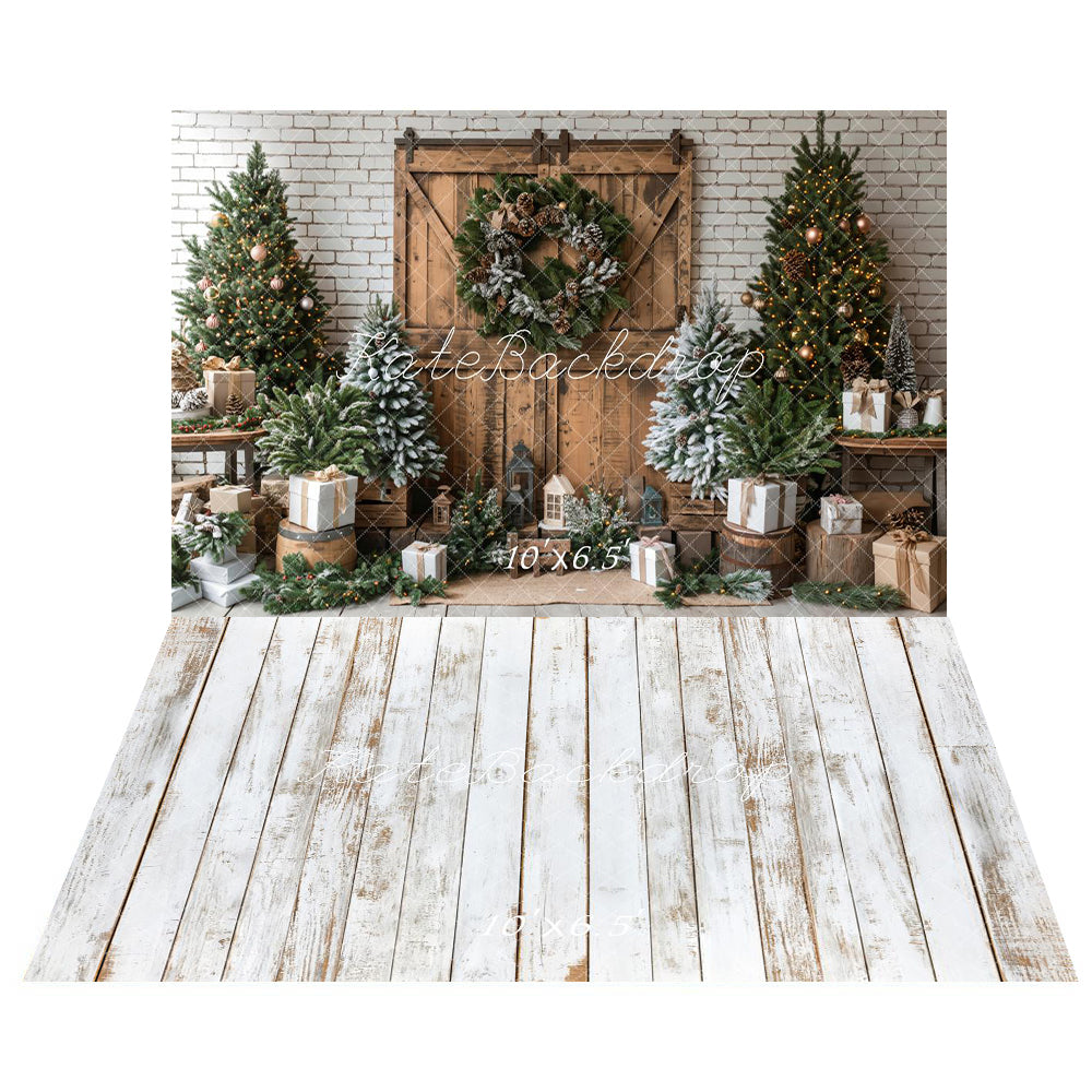 Kate Christmas Brown Wooden Barn Backdrop+White Retro Wood Floor Backdrop