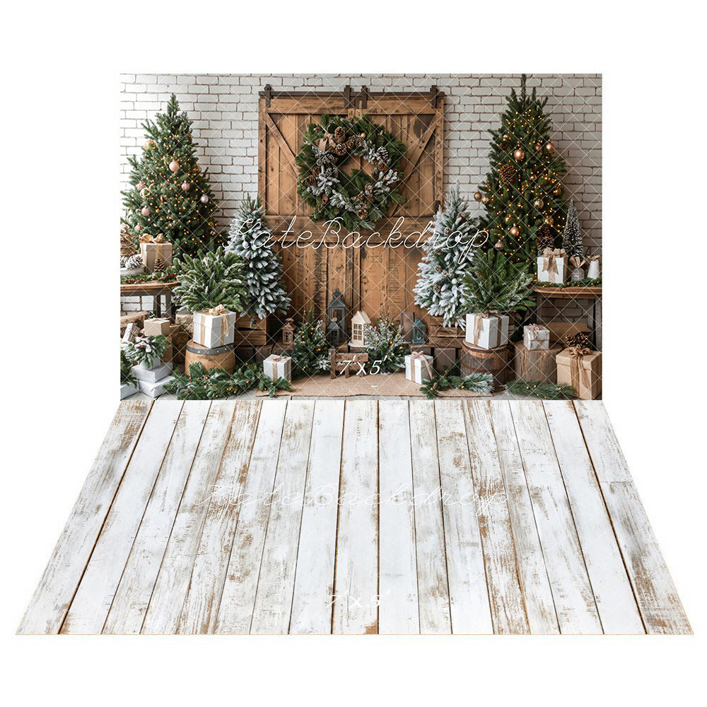 Kate Christmas Brown Wooden Barn Backdrop+White Retro Wood Floor Backdrop