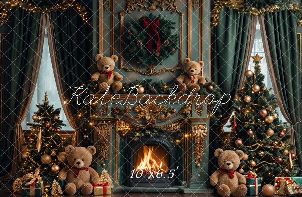 Kate Christmas Teddy Bear Vintage Green Fireplace Backdrop Designed by Emetselch