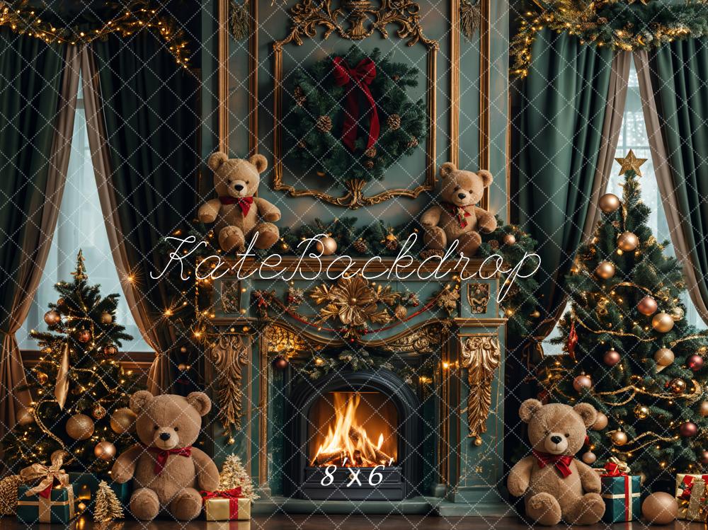 Kate Christmas Teddy Bear Vintage Green Fireplace Backdrop Designed by Emetselch