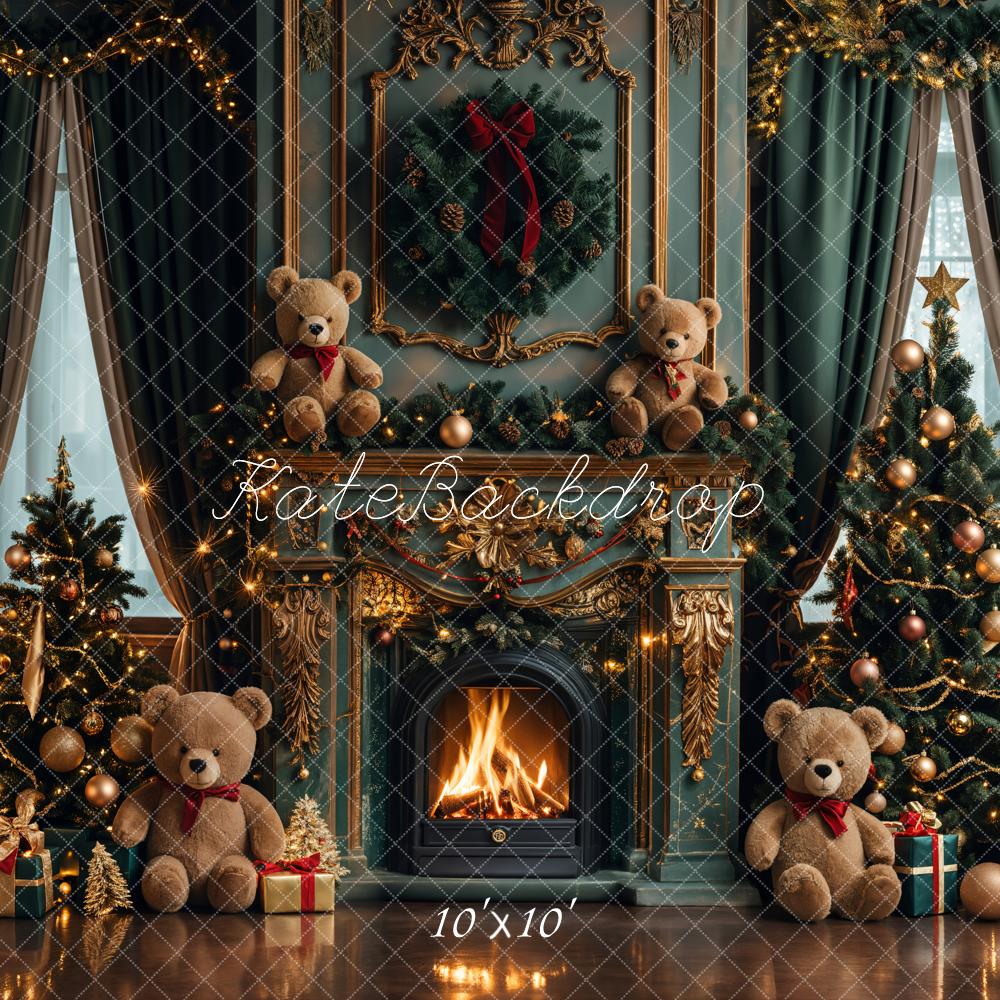 Kate Christmas Teddy Bear Vintage Green Fireplace Backdrop Designed by Emetselch