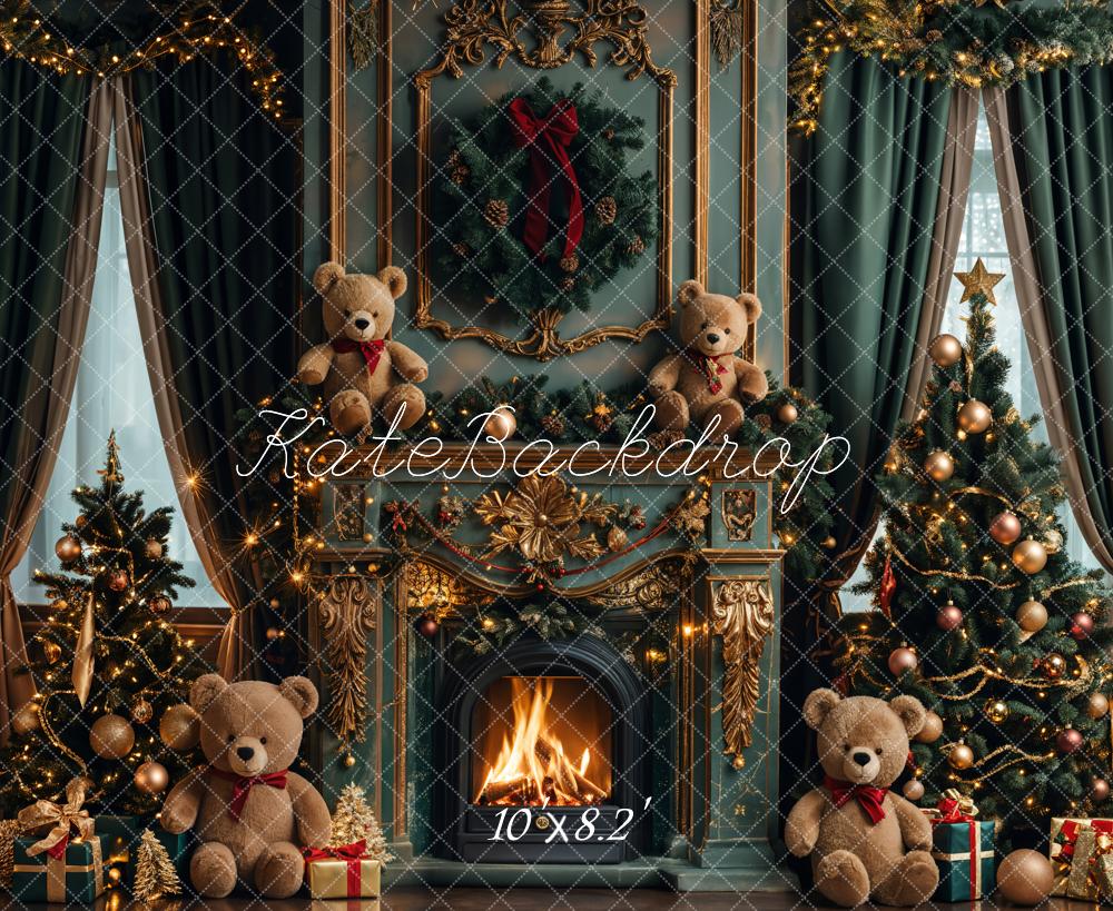 Kate Christmas Teddy Bear Vintage Green Fireplace Backdrop Designed by Emetselch