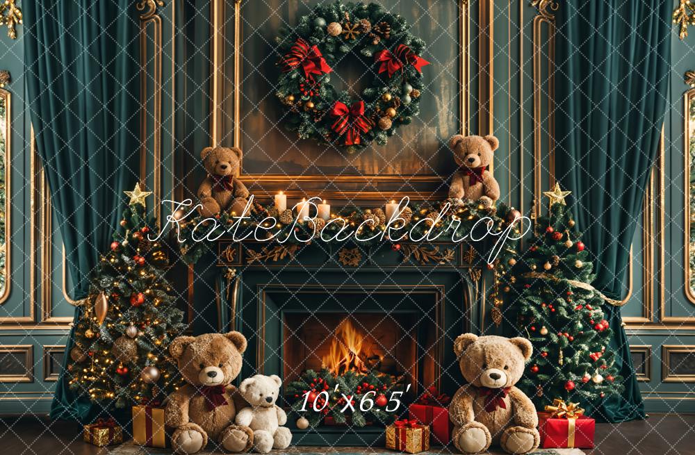 Kate Christmas Teddy Bear retro Dark Green Fireplace Backdrop Designed by Emetselch