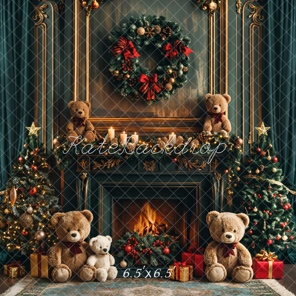 Kate Christmas Teddy Bear retro Dark Green Fireplace Backdrop Designed by Emetselch