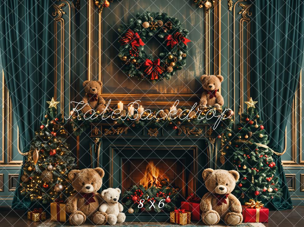 Kate Christmas Teddy Bear retro Dark Green Fireplace Backdrop Designed by Emetselch