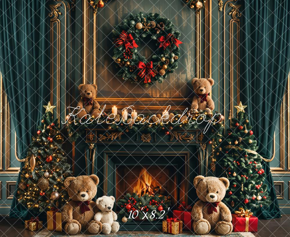 Kate Christmas Teddy Bear retro Dark Green Fireplace Backdrop Designed by Emetselch