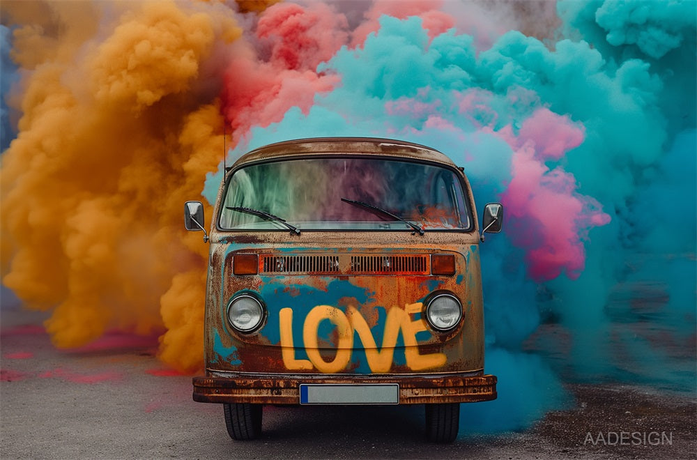 Kate Colorful Smoke Broken Car Backdrop for Photography Designed by AADESIGN