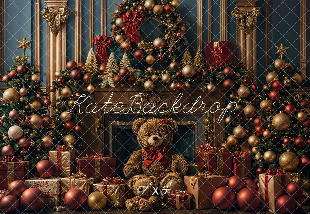 Kate Christmas Teddy Bear Dark Golden Retro Fireplace Backdrop Designed by Emetselch