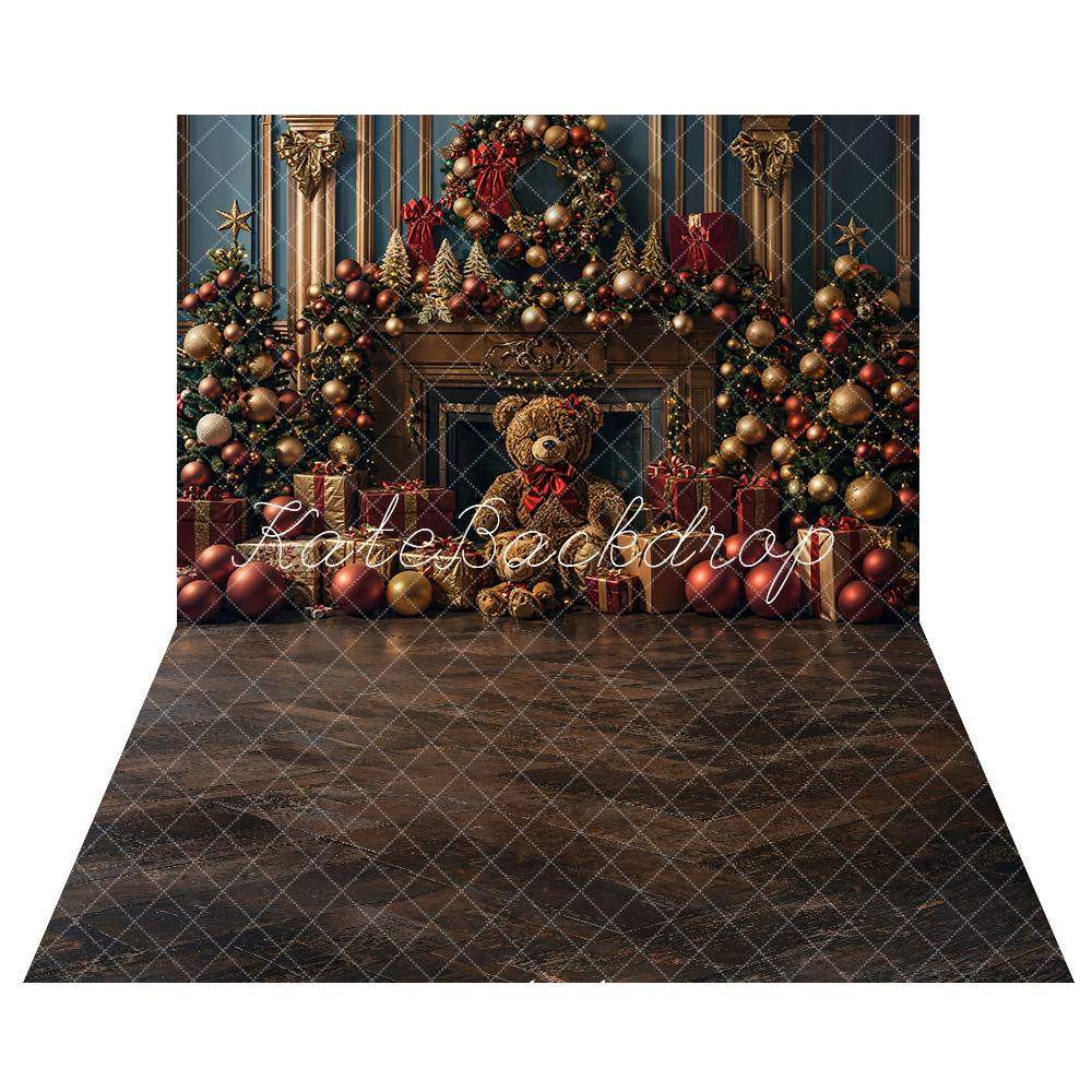 TEST Kate Christmas Teddy Bear Dark Golden Retro Fireplace Backdrop+Dark Brown Old Wooden Floor Backdrop