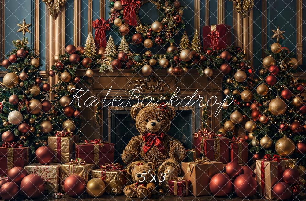 TEST Kate Christmas Teddy Bear Dark Golden Retro Fireplace Backdrop Designed by Emetselch