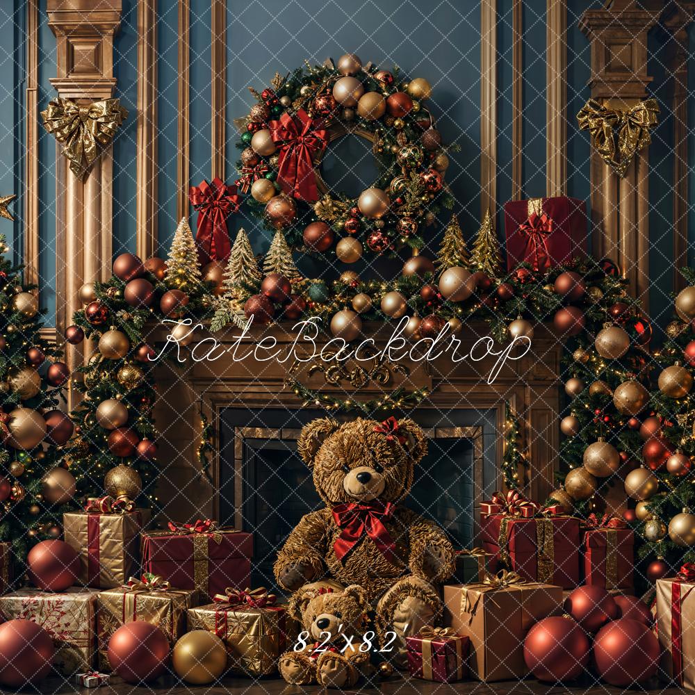 TEST Kate Christmas Teddy Bear Dark Golden Retro Fireplace Backdrop Designed by Emetselch