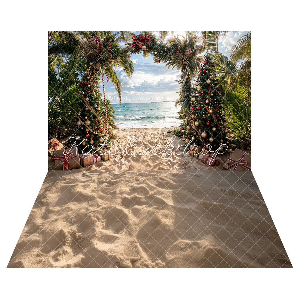 TEST Kate Christmas Sea Beach Green Plant Arch Backdrop+Summer Sea Beach Floor Backdrop
