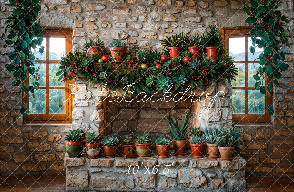 Kate Christmas Green Plant Stone Arched Fireplace Backdrop Designed by Emetselch