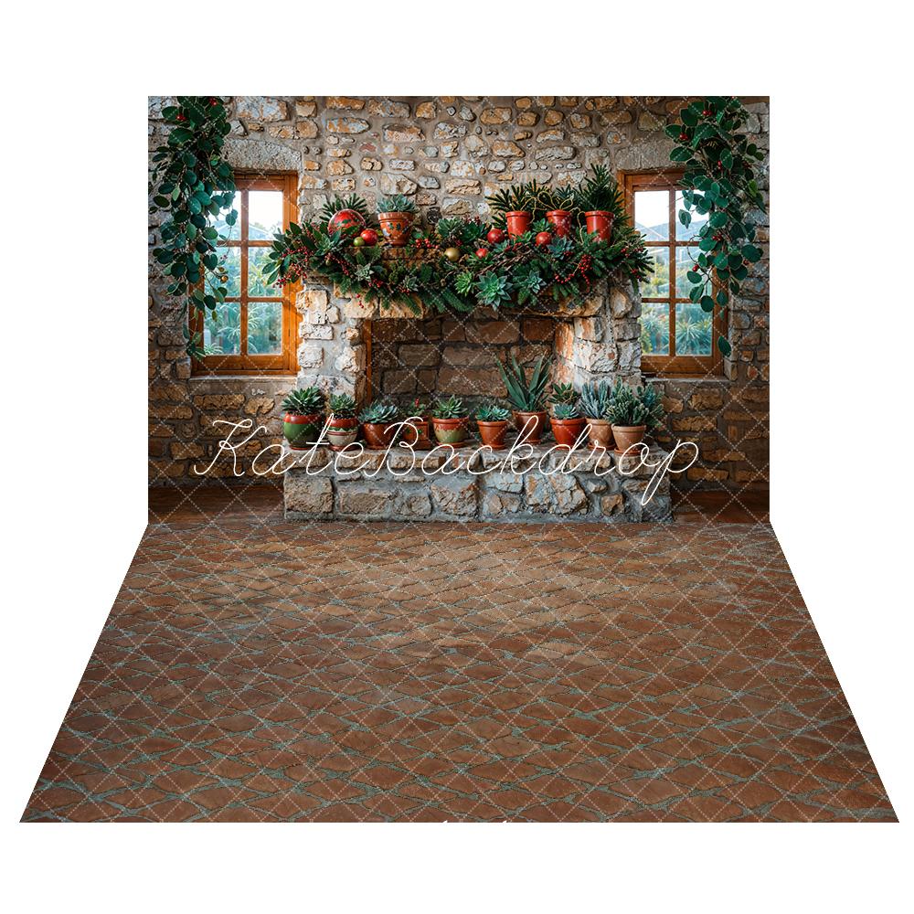 TEST Kate Christmas Green Plant Stone Arched Fireplace Backdrop+Vintage Red Brick Road Floor Backdrop