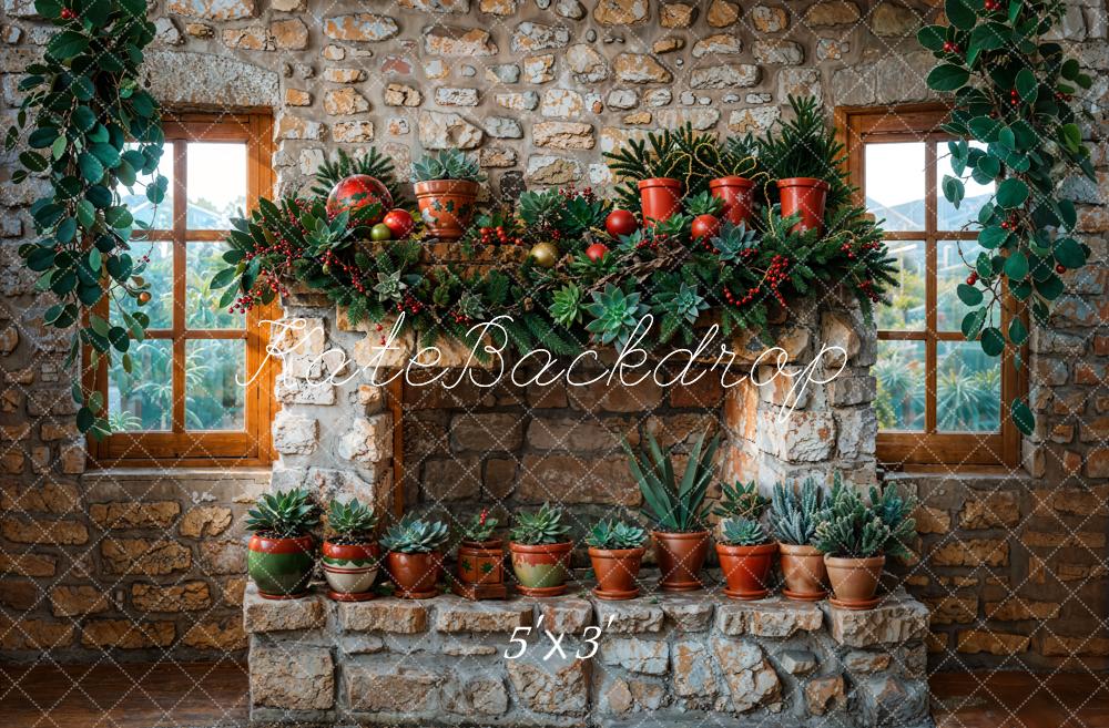 Kate Christmas Green Plant Stone Arched Fireplace Backdrop Designed by Emetselch