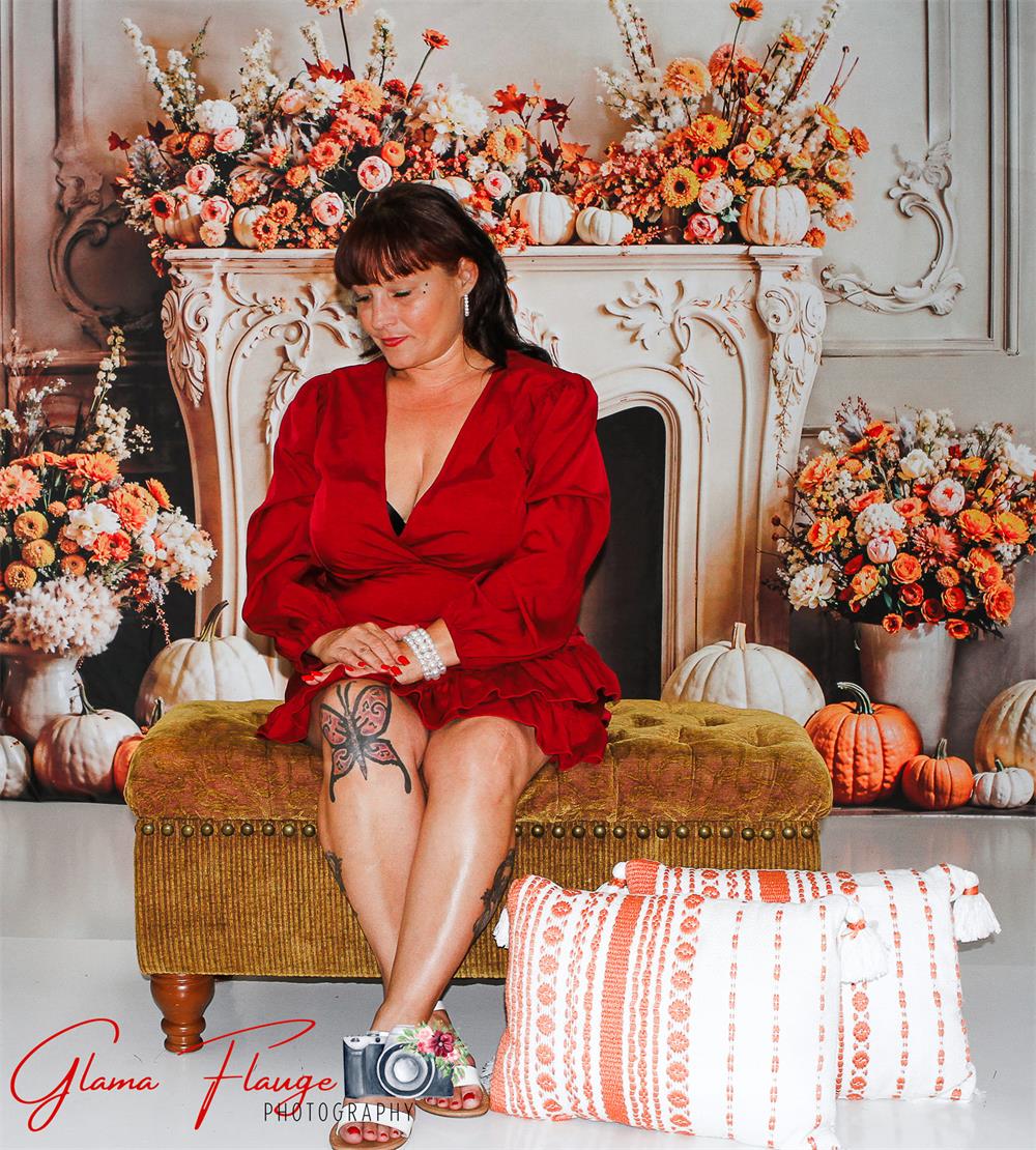 Kate Autumn Pumpkin White Retro Floral Fireplace Backdrop Designed by Emetselch