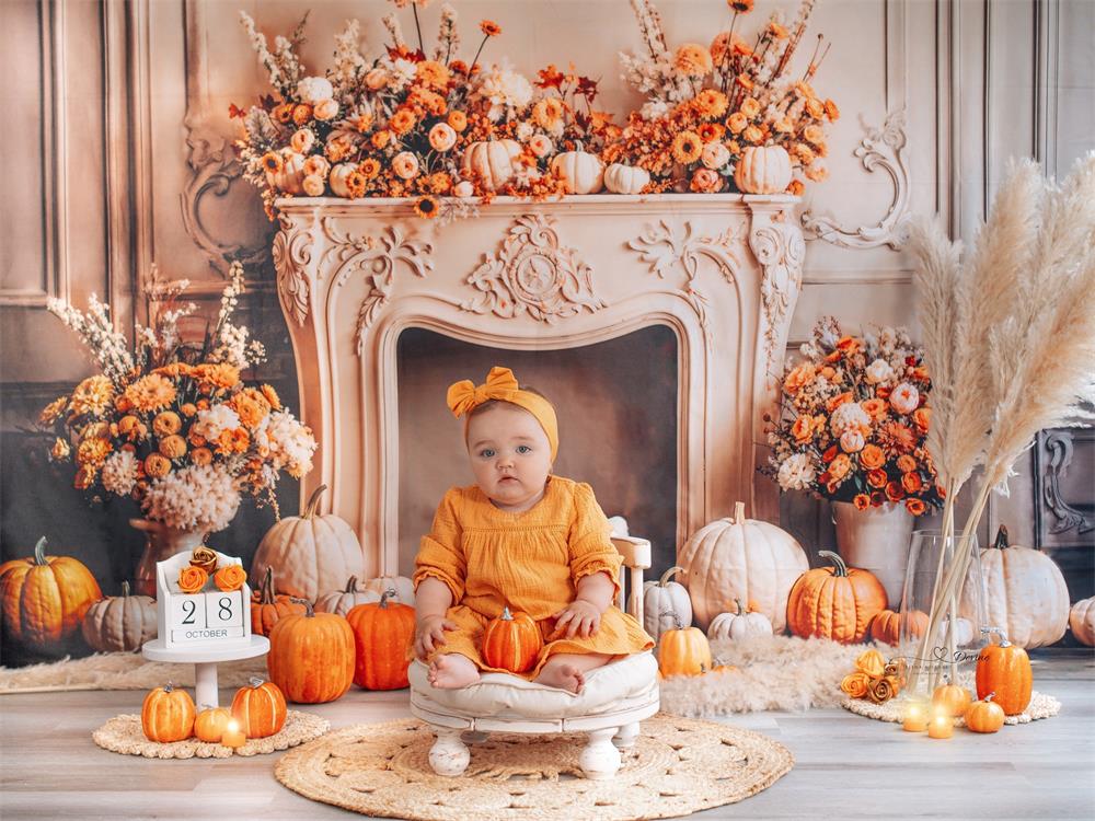 Kate Autumn Pumpkin White Retro Floral Fireplace Backdrop Designed by Emetselch