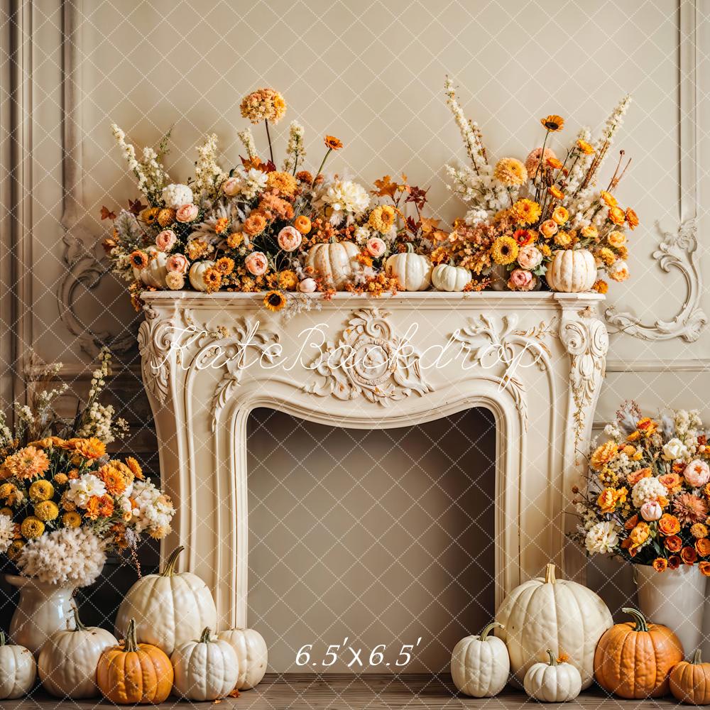 Kate Autumn Pumpkin White Retro Floral Fireplace Backdrop Designed by Emetselch