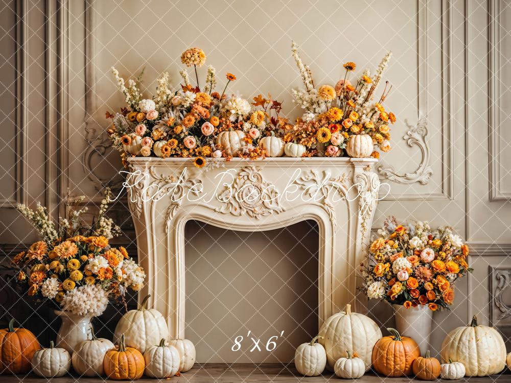Kate Autumn Pumpkin White Retro Floral Fireplace Backdrop Designed by Emetselch