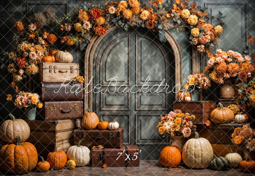 Kate Autumn Fine Art Flower Pumpkin Dark Grey Arched Door Backdrop Designed by Emetselch