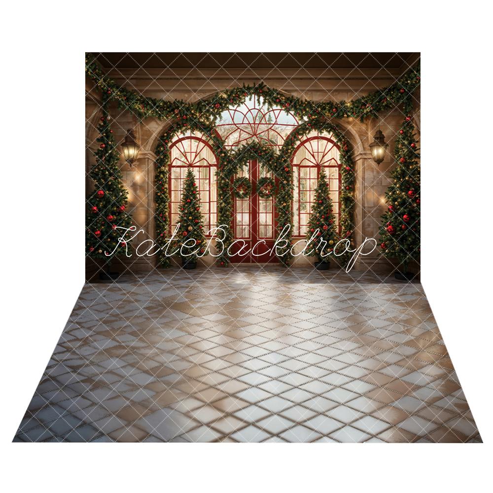 TEST Kate Christmas Green Plant Red Arched Door Backdrop+Retro Silver Plaid Floor Backdrop