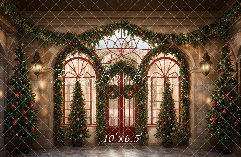 Kate Christmas Green Plant Red Arched Door Backdrop Designed by Emetselch