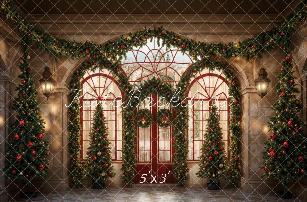 Kate Christmas Green Plant Red Arched Door Backdrop Designed by Emetselch