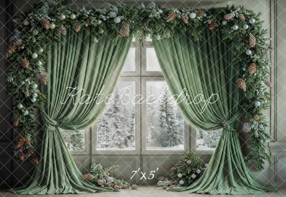 Kate Winter Christmas Green Curtain Framed Window Backdrop Designed by Emetselch