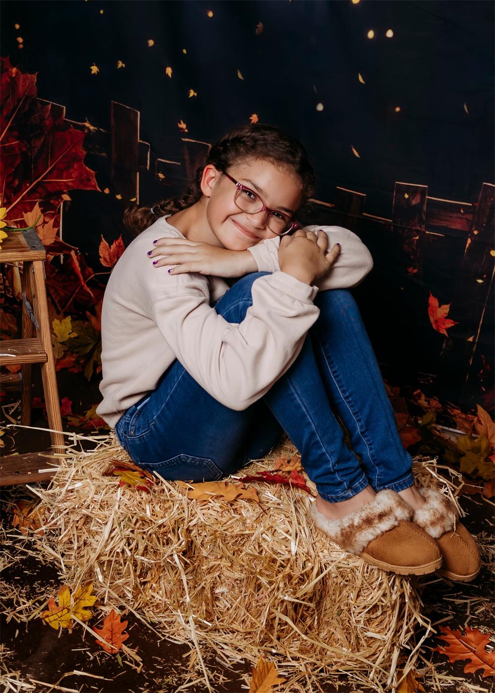 Kate Fall Forest Night Maple Leaves Wooden Fence Backdrop Designed by Chain Photography