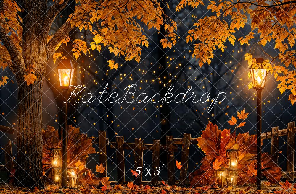 Kate Fall Forest Night Maple Leaves Wooden Fence Backdrop Designed by Chain Photography
