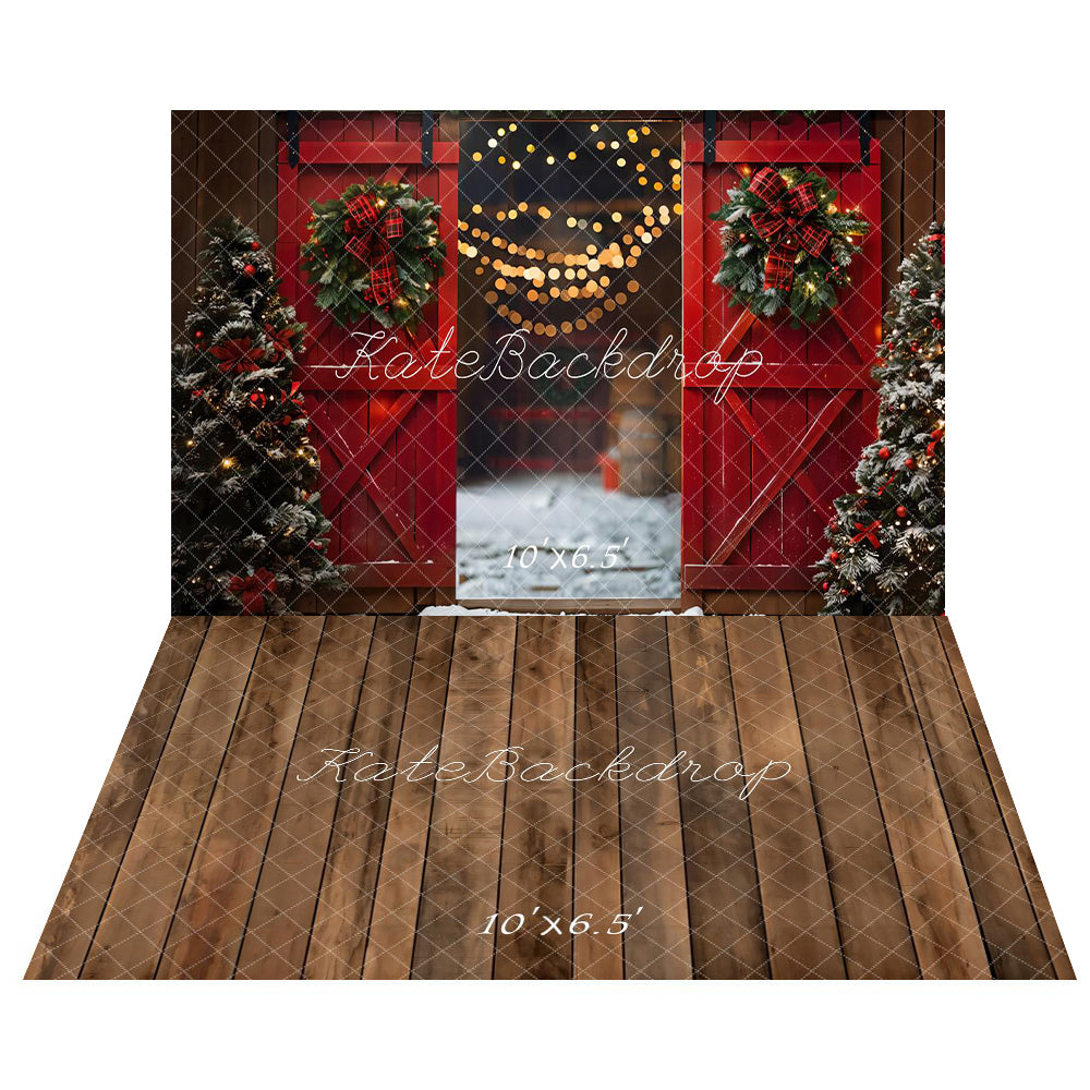 Kate Christmas Night Red Barn Door Backdrop+Brown Old Wooden Floor Backdrop