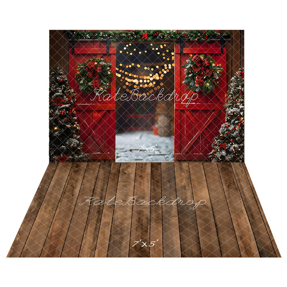 Kate Christmas Night Red Barn Door Backdrop+Brown Old Wooden Floor Backdrop