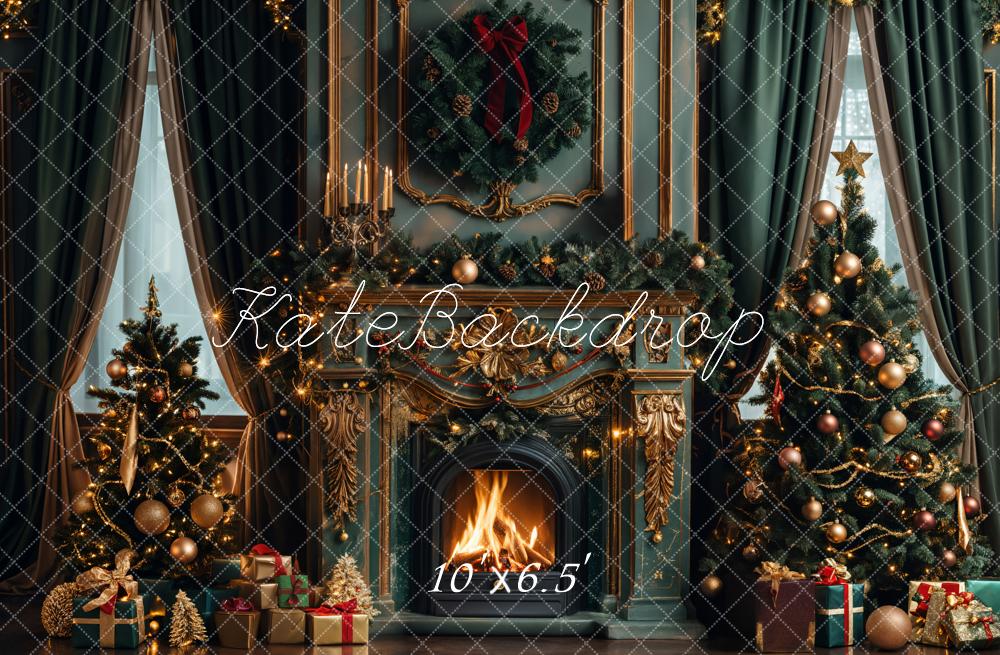 Kate Christmas Dark Green Retro Floral Fireplace Backdrop Designed by Emetselch