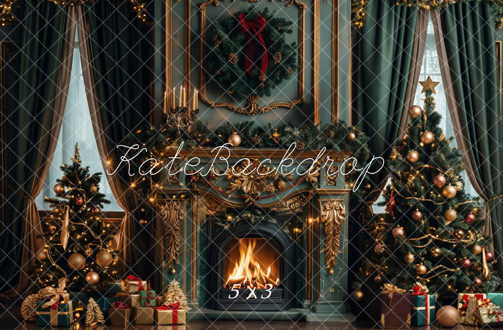 TEST Kate Christmas Dark Green Retro Floral Fireplace Backdrop Designed by Emetselch