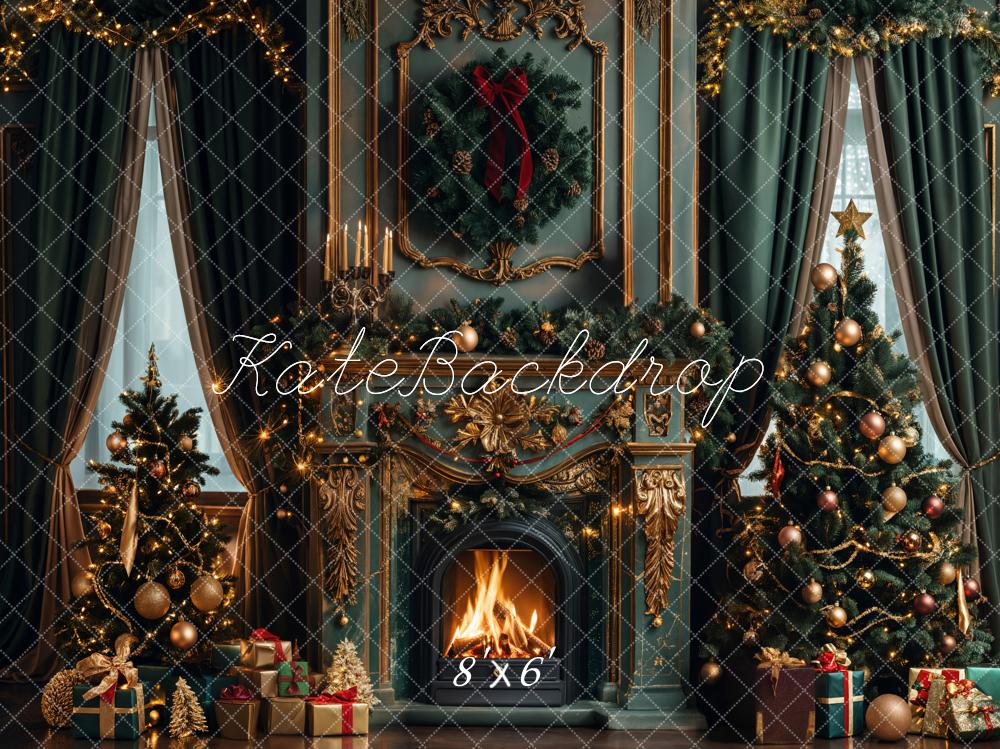 Kate Christmas Dark Green Retro Floral Fireplace Backdrop Designed by Emetselch