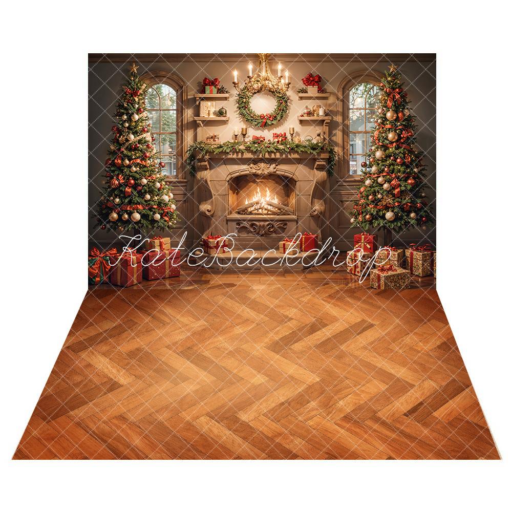 TEST Kate Christmas Indoor White Vintage Floral Marble Fireplace Backdrop+Orange Brown Herringbone Wooden Floor Backdrop