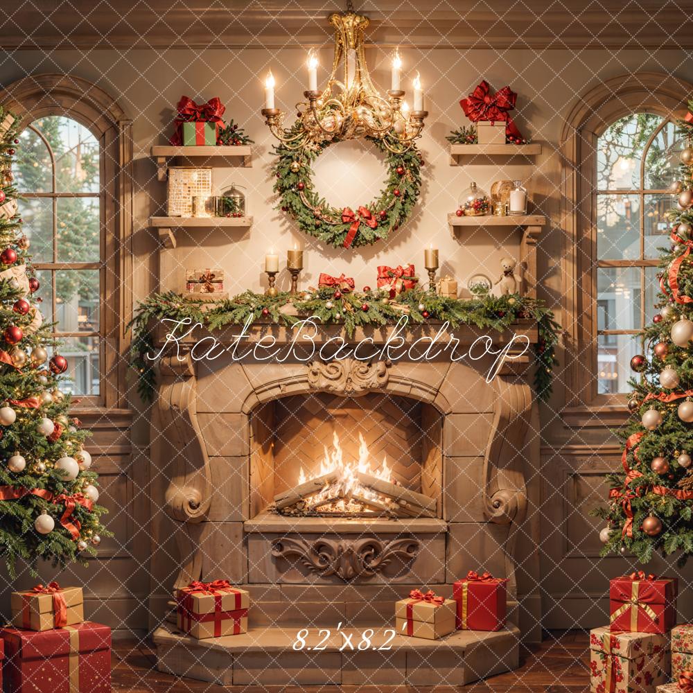 Kate Christmas Indoor White Vintage Floral Marble Fireplace Backdrop Designed by Emetselch