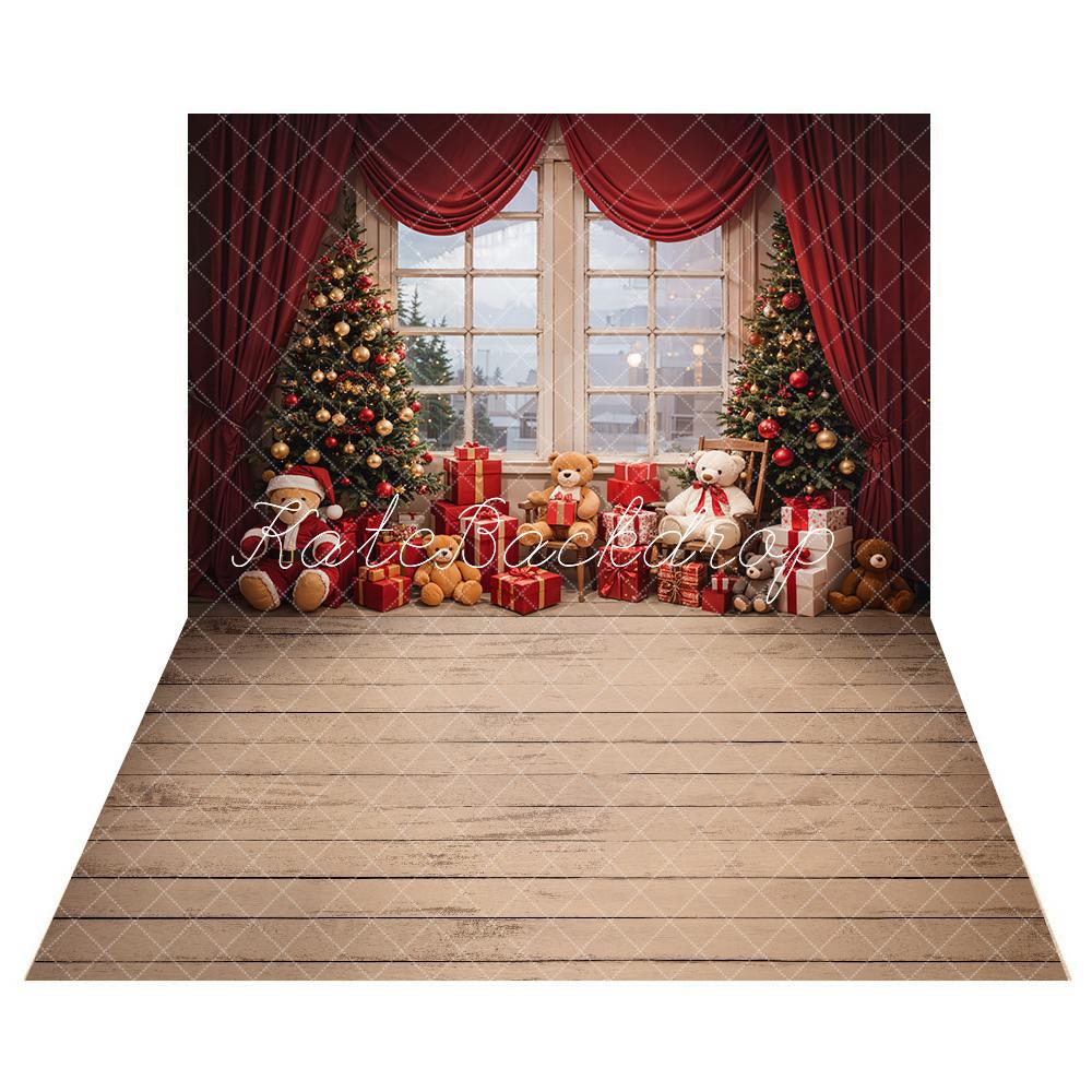 TEST Kate Christmas Teddy Bear Red Curtain White Framed Window Backdrop+Dark Beige Wood Striped Floor Backdrop