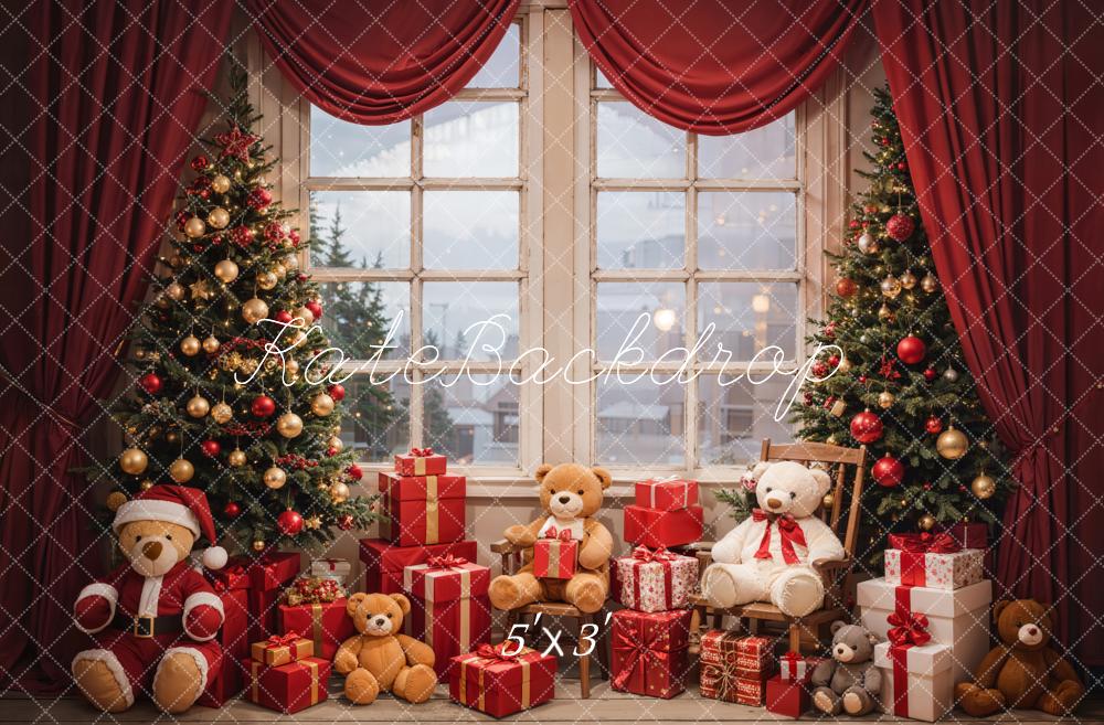 Kate Christmas Teddy Bear Red Curtain White Framed Window Backdrop Designed by Emetselch
